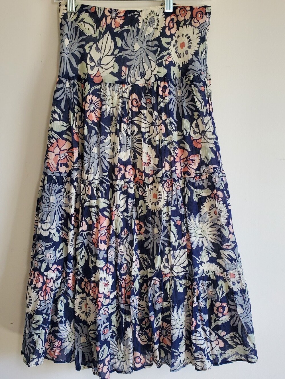 Chaps 100% Cotton Navy Floral Tiered Maxi Skirt Size Large